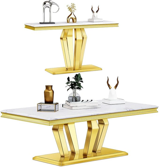 Coffee Table Set, 48 inches Modern Gold Coffee Table with 4 Geometric Polished Bases and Rectangular Gold Console Table with White Top for Living Room (Coffee Table + Console Table)