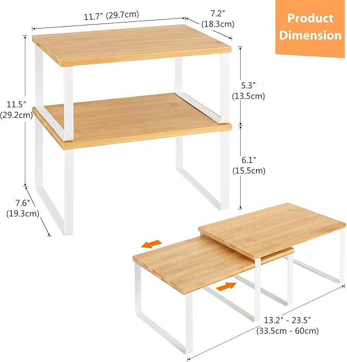 NEX Bamboo Kitchen Cabinet and Counter Shelf Organizer, Stackable & Expandable, Set of 4, White and Natural