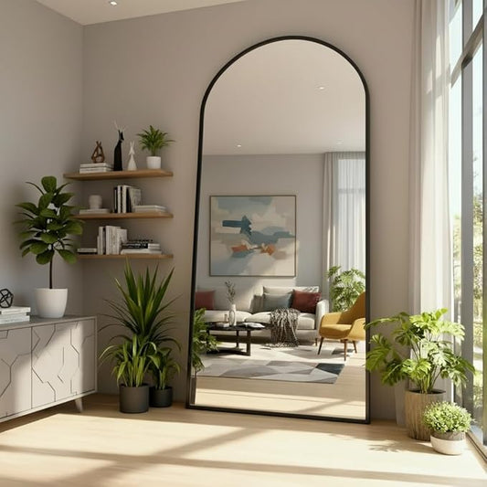 Arched Full Length Mirror,76" L x 34" W Floor Mirror, Aluminum Alloy Frame, Shatterproof Glass - Free Standing, Leaning or Wall Mounted for Bedroom, Living Room, Entryway, Modern Home (Black)