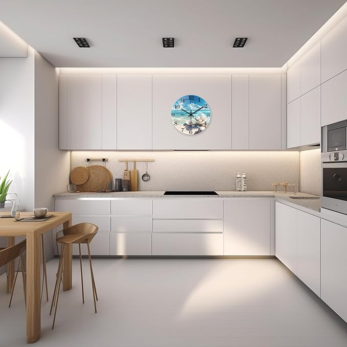 XNM Beach Analog Glass Wall Clocks Battery Operated 14 Inch Blue Clock for Kitchen Round Silent Wall Clock Decorative