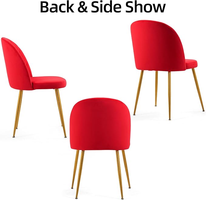 Velvet Dining Chairs Set of 2, Upholstered Mid Century Modern Dining Room Chairs, Armless Accent Chair with Metal Gold Legs for Living Room, Kitchen, Rose Red