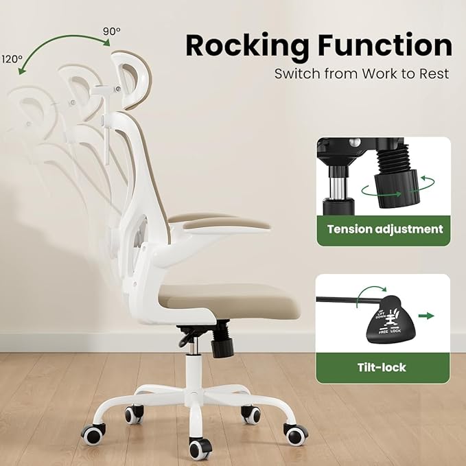 Soohow Ergonomic Office Chair, Office Mesh Desk Chair with Adjustable Lumbar Support Armrests, Comfy Computer Desk Chair with Headrest, for Home and Office, White & Khaki