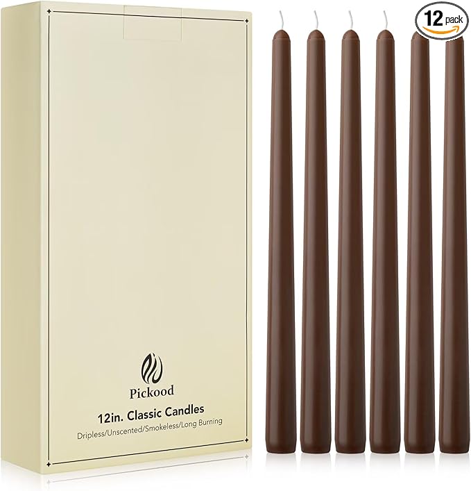 New Burning Formula Unscented Dripless 12-Inch Taper Candles Set of 12 - Cocoa Brown, for Wedding, Dinner - Smokeless, Long Burning - Hand Poured, Colored Tall Candlesticks - Marrón Cacao