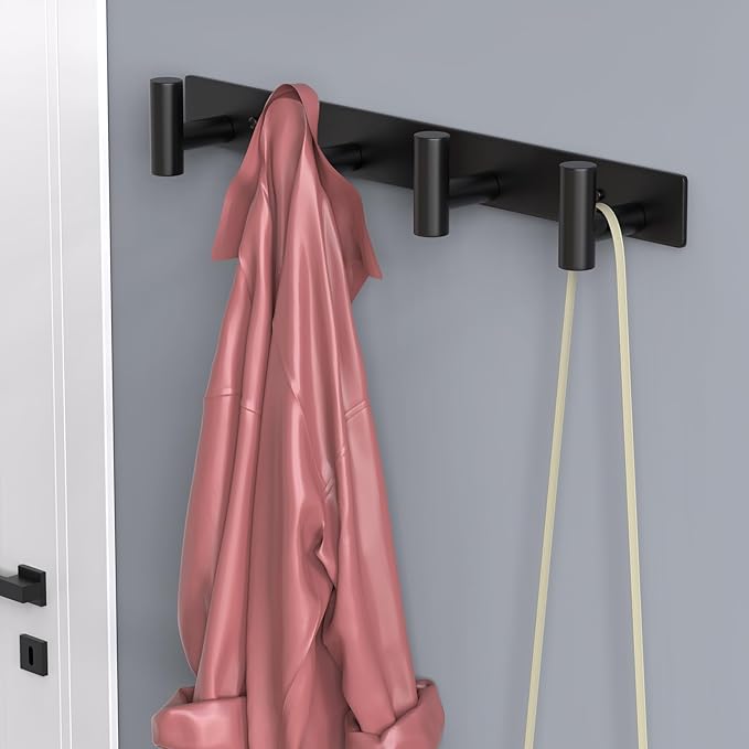 HUFEEOH 2 Pack Coat Rack Wall Mount, Stainless Steel T Shaped 4 Hooks Coat Hooks for Bathroom, Heavy Duty Wall Hooks Towel Hooks for Hanging, Black Towel Rack Purse Hanger for Mudroom Entryway