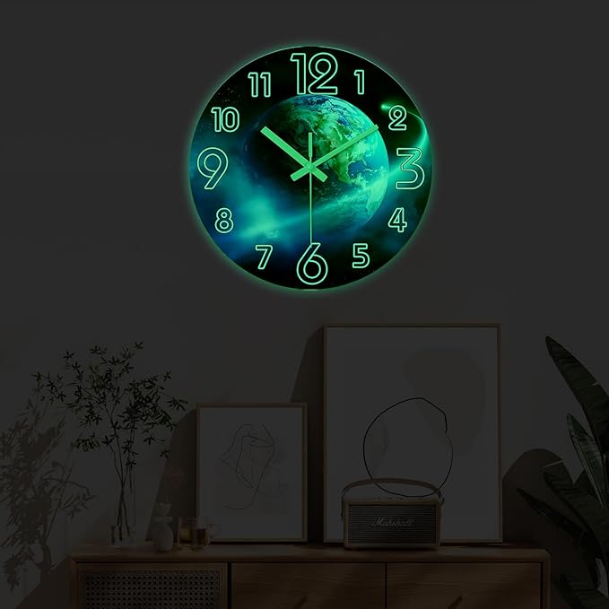 Modern Blue Wall Clock for Bedroom Night Glow Round Glow in The Dark Clock 12 Inch Silent Wall Clock Non Ticking