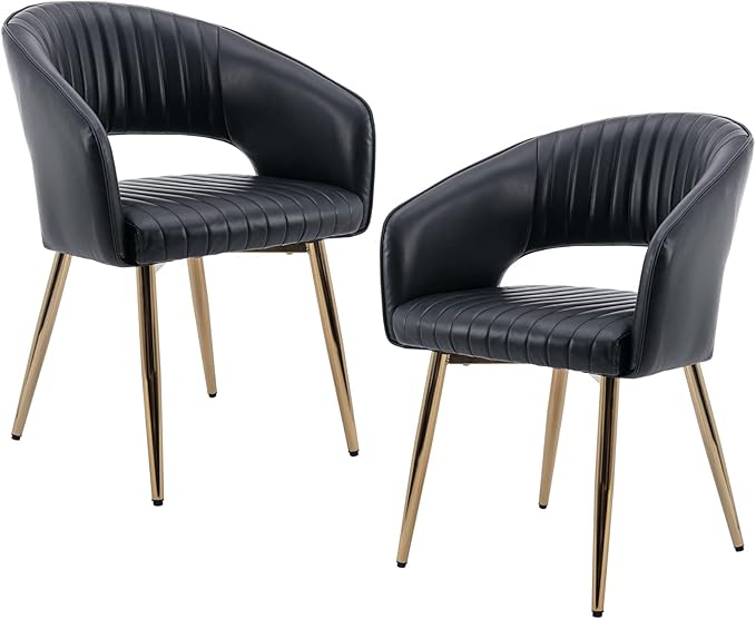 Modern Dining Chairs Set of 2, Upholstered PU Leather Gold Dining Room Chairs with Hollow Back, Accent Armrest Kitchen Chairs with Gold Legs for Living Room Black