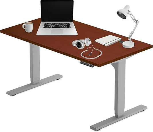 Progressive Desk Stand Up Adjustable Height Electric Standing Desk - 60"x30" Dual Motor, Computer Workstation Sit Stand Table for Home Office - Dark Cherry, Gray Frame