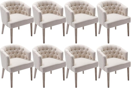 DUOMAY Modern Tufted Dining Chairs Set of 8, Linen Upholstered Side Chair, Comfy Accent Barrel Chair with Wood Legs for Home Kitchen Dining Room Living Room Restaurant, White