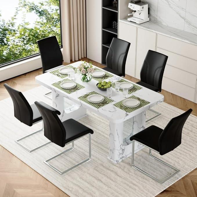 64.5" White Dining Table Set for 6, Modern Kitchen Table and Chairs Set with PU Leather Cushioned Chairs & Decorative Pedestal Base, 7 Piece Marble Pattern Dining Table Set for Dining Room or Kitchen