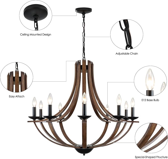 Rustic Chandeliers for Dining Room Light Fixture, 10-Light 35" Adjustable Height Retro Faux Wood Texture Farmhouse Light Fixtures for Living Room Bedroom Foyer Entryway