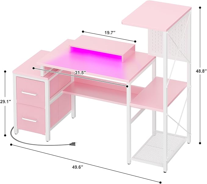 Small Gaming Desk with 2 Fabric Drawers - Reversible Computer Desk with Power Outlet & LED Lights, 49" Office Desk with Monitor Stand & Storage Shelves, Writing Study Table with Pegboard, Pink