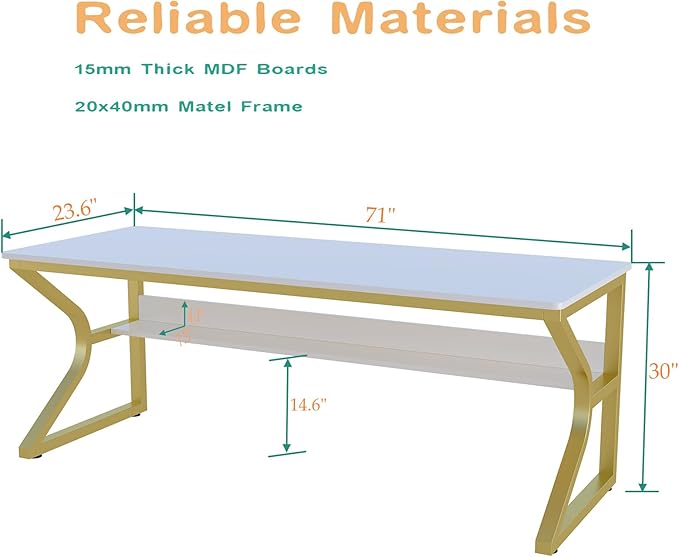 Extra Long Desk with Bookshelf - 71" Double Long Writing Table for 2-Person Workstation, Modern Study Work Computer Desk for Home and Office, Gold