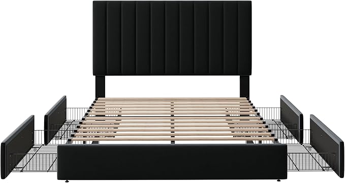 Allewie Queen Size Storage Bed Frame, Vertical Channel Tufted Adjustable Headboard, Velvet Upholstered Platform Bed with 4 Oversized Underbed Drawers, Wooden Slats Support, No Box Spring Needed, Black