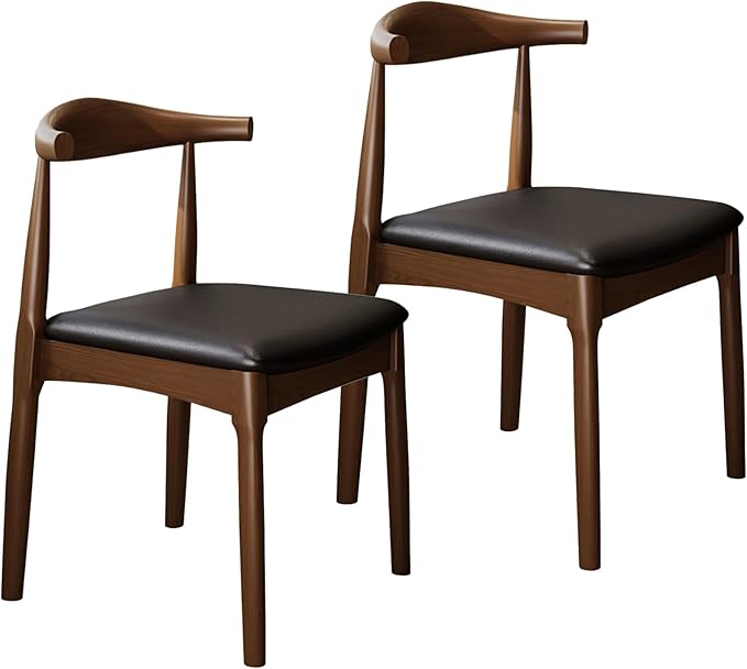Solid Wood Dining Chair with Walnut Finish Set of 2 Mid Century Modern Upholstered PU Leather Dining Chairs with Curved Backrest for Dining Room, Kitchen, Study Room, Walnut Color