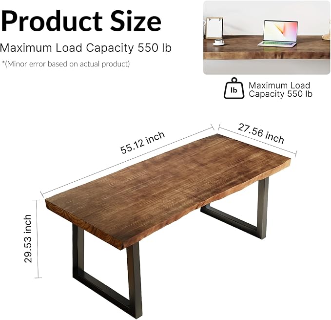 Solid Wood Desk 55 inches, Home Office Computer Desk Wooden Rustic Writing Desk Metal Modern Simple Design Executive Real Wood Desk(Dark Brown)