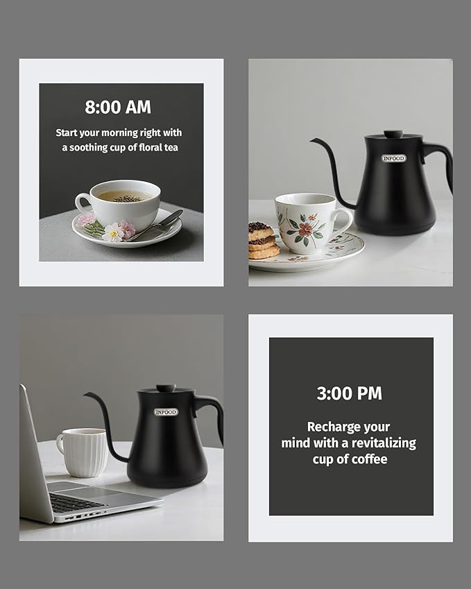 INFOOD 0.8L Gooseneck Electric Kettle, Precise Temperature Control for Pour Over Coffee & Tea, 1200W Fast Boiling Water, Auto Shut Off, Scheduling, Stainless Steel, Black