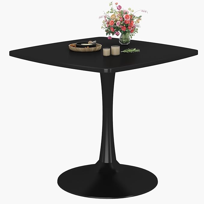 Recaceik Square Dining Table for 2-4 Person, 32 Inches Tulip Kitchen Table with Pedestal Base for Kitchen & Dining Room, Mid-Century Modern in Tulip w/0.71" Thickened Desktop, Black