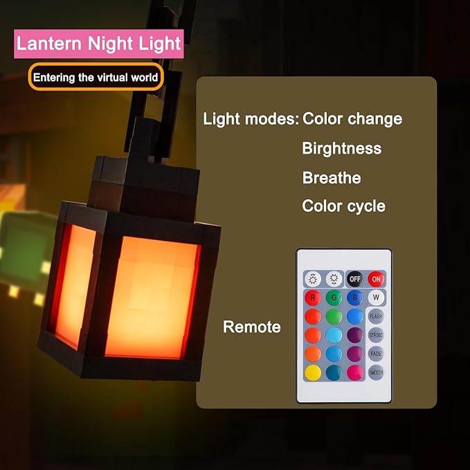Pixelated Lantern Night Light, 2026 Xmas Gift LED 16 Colors Change Hanging Lantern Lamp from Minecraft - Rechargeable Wall Tabletop Night Lights for Gamer Boys Girls Man Bedroom Game Room Wall Decor