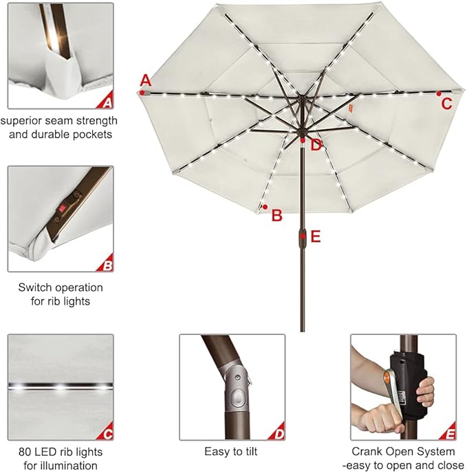 EliteShade USA 10-Year-Non-Fading Solar 9ft 3 Tiers Market Umbrella with 80 LED Lights Patio Umbrellas Outdoor Table with Ventilation,Natural