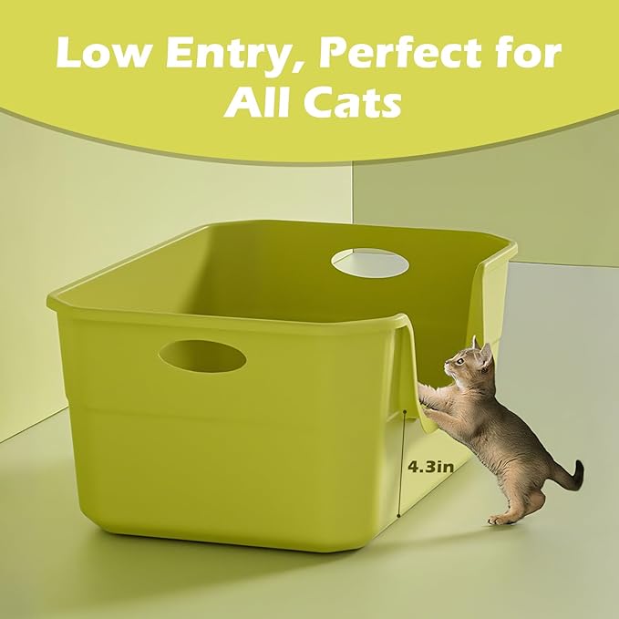 Large Cat Litter Box with High Sides,Low Entry Cat Litter Pan Tray Kitty Litter Box for Indoor Big & Senior Cats,Anti-Splashing Waterproof Cat Toilet,Tool-Free Assembly,Easy to Clean (Green)