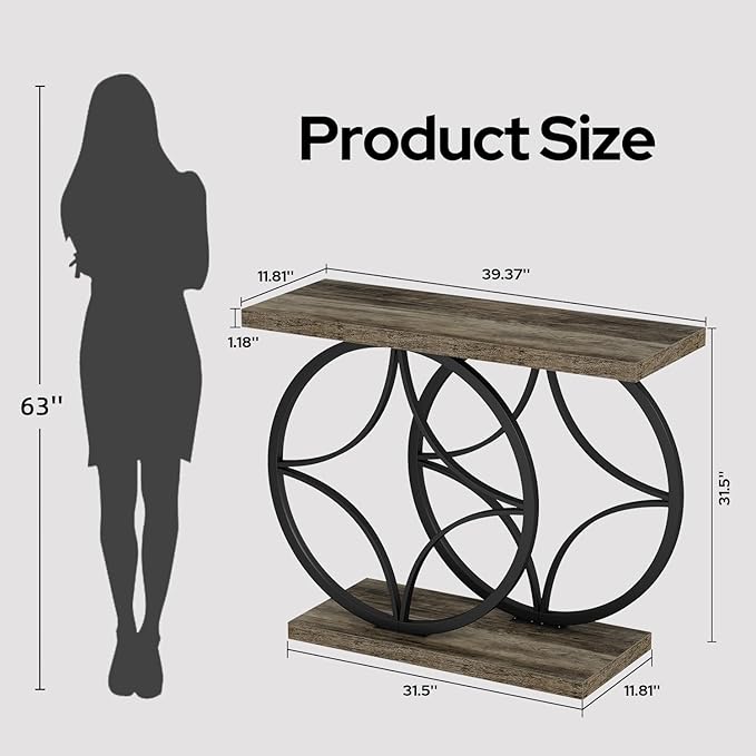 39.4" Entryway Table, Industrial Console Table for Entryway with Anti-Tilt Design, Narrow Wood Accent Sofa Table Behind Couch with Double Circle Base for Hallway, Living Room, Foyer (Industrial Grey)