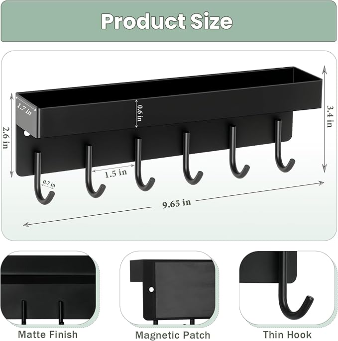Magnetic Key Holder Wall Mount, Small Metal Key Rack with Tray, 9.6 Inch, 6 Hooks, 2 Installation Options, Black