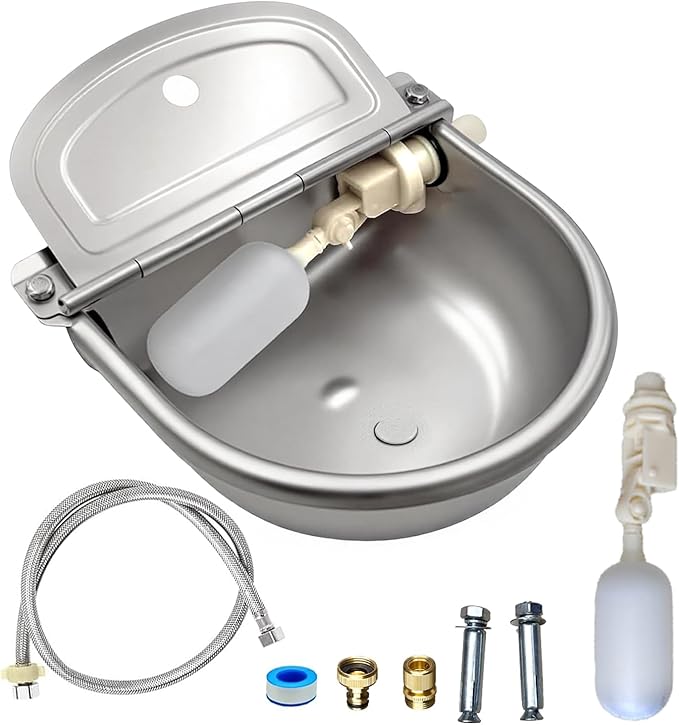 Automatic Water Bowl 304 Stainless Steel Pet Water Dispenser Dog, Feeder Waterer for Large Dogs with 40 Inch Steel Hose, 2 Float Valve, Copper Connector Adapter, 2 Bolts (with Drainage Hole)