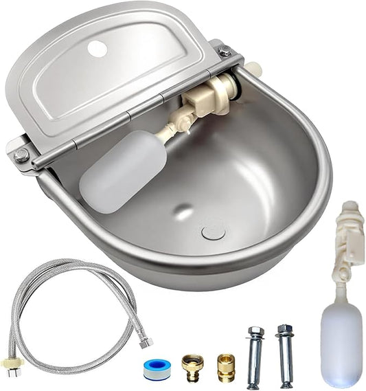 Automatic Water Bowl 304 Stainless Steel Pet Water Dispenser Dog, Feeder Waterer for Large Dogs with 40 Inch Steel Hose, 2 Float Valve, Copper Connector Adapter, 2 Bolts (with Drainage Hole)