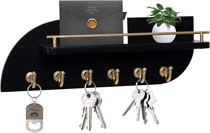 Key Holder for Wall, Wood Wall Mounted Key Rack with 6 Sturdy Metal Hooks for Bags, Coats, Umbrella, 14 Inches Mail Organizer for Home Entryway Decor, Black and Gold