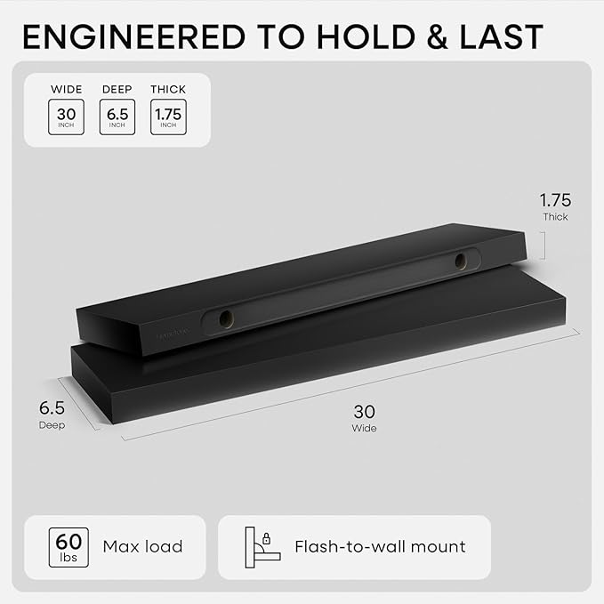 Homeforia Black Floating Shelves 30 inches Long, High End Solid Real Wood 30 inch Floating Shelf for Wall Mounted, Black Wooden 30in Floating Shelves, Heavy Duty Bracket, 30 X 6.5 X 1.75 in, Set of 2