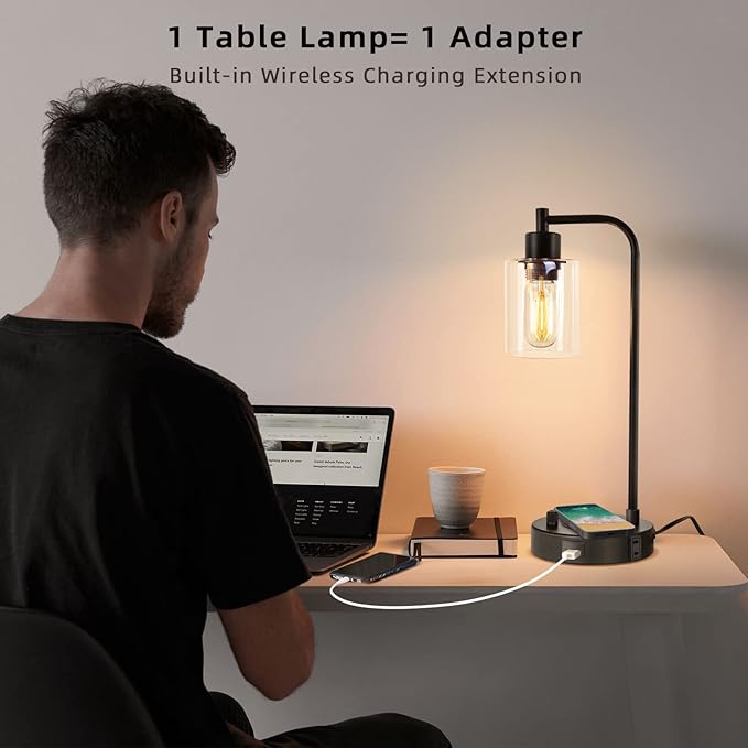 Industrial Table Lamp with Wireless Charing, Fully Stepless Dimmable Lamps Nightstand Lamps, Desk Lamp with Glass Shade Reading Lamp for Office Living Room (Black 02)