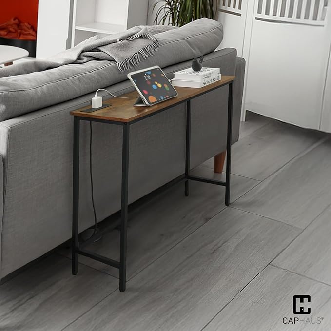 CAPHAUS 41” Classic Console Table w/ 2 Outlets, USB & Type-C Ports for Entryway, Modern Snack Entrance Sofa Tableau w/Charging Station, Living Room Accent Behind Couch Plant Mesa, Rustic Oak