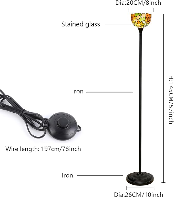 Tiffany Floor Lamp Tochiere Standing Lamp Yellow Sunflower Style Stained Glass Floor Light Vintage Tall Pole Uplight Corner Lamp with Foot Switch for Home Decor Living Room Bedroom