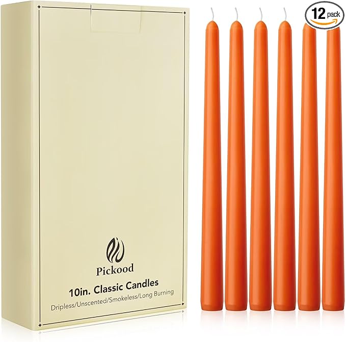 New Burning Formula Unscented Dripless 10-Inch Taper Candles Set of 12 - Orange, for Wedding, Dinner - Smokeless, Long Burning - Hand Poured, Colored Tall Candlesticks - Naranja