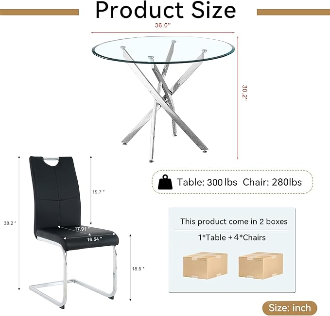 Goujxcy 5 Pieces Round Dining Table Set for 4, Modern Silver Glass Kitchen Table and Chairs for 4 with Upholstered Chairs, Circle Coffee Dining Table Set for Small Space,Apartment,Office