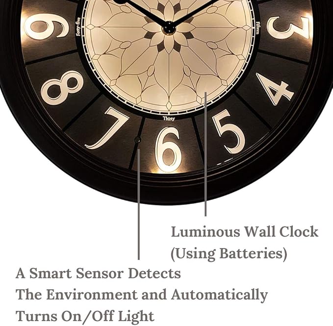 Presentime & Co. 12.6" Illuminated Farmhouse Wall Clock, Silent Battery Operated Night Light Wall Clock with Smart LED Sensor for Living Room, Bathroom, Kitchen, Home Office, Oil Rubbed Bronze Finish