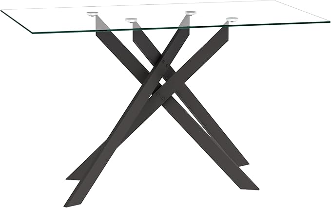 51.2" Glass Dining Table, Modern Kitchen Table for 4-6 People, Contemporary Rectangular Dining Room Dinner Tables with Clear Glass Top & Black Metal X Legs for Kitchen Apartment