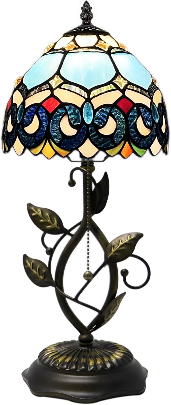 Small Tiffany Lamp Sea Blue Jewelry Baroque Style Stained Glass Table Lamps Desk Bedside Reading Light 8X8X18 Inches with Bronze Metal Leaf Resin Base