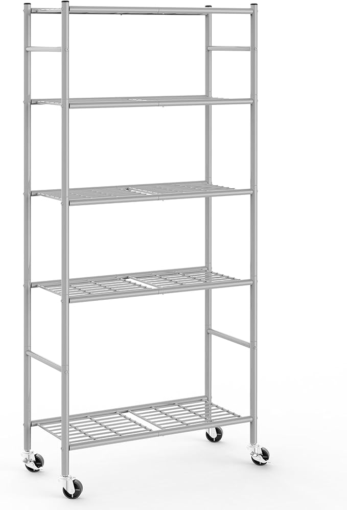 Storage Shelves Organizer - 5 Tier Metal Shelf Organizer with Metal Wheels and Adjustable Leveling Feet, Heavy Duty Garage Shelving for Kitchen, Pantry and Closet, 33.1"x12.6"x73.5", Sliver