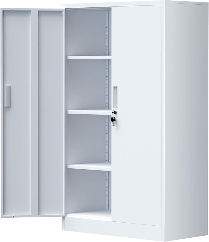 Metal Storage Cabinet with Locking Doors and Adjustable Shelves, 53.5-Inch Tall Lockable Storage Cabinets for Home Office Garage Kitchen Pantry (White)
