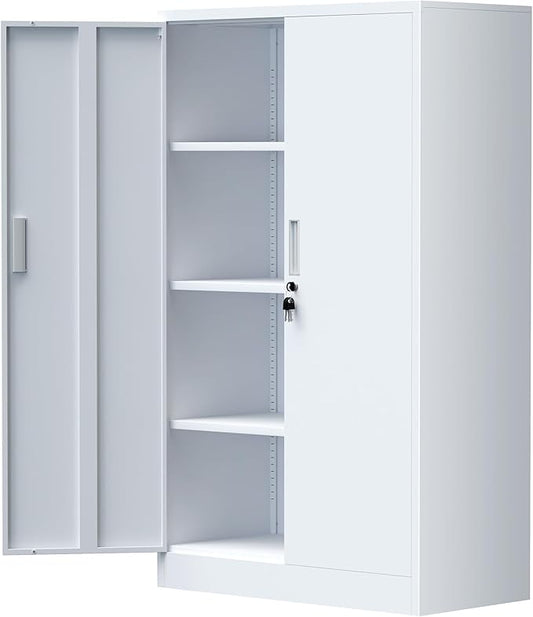 Metal Storage Cabinet with Locking Doors and Adjustable Shelves, 53.5-Inch Tall Lockable Storage Cabinets for Home Office Garage Kitchen Pantry (White)