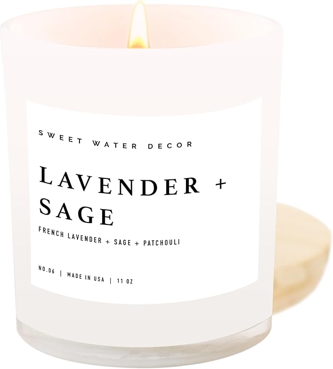 Sweet Water Decor Lavender and Sage Candle - Soy Candle for Home - Lavender, Sage, Patchouli Spa - 11oz White Jar with Wood Lid, 50+ Hour Burn Time, Made in The USA