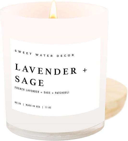 Sweet Water Decor Lavender and Sage Candle - Soy Candle for Home - Lavender, Sage, Patchouli Spa - 11oz White Jar with Wood Lid, 50+ Hour Burn Time, Made in The USA
