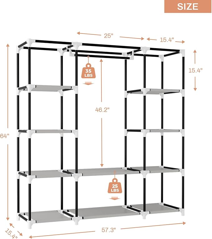 VTRIN Portable Closet Wardrobe for Hanging Clothes 57.3 Inch Large Capacity Clothes Rack with Cover, 10 Storage Organizer Shelves, 1 Hanging Rods and 6 Pockets, Free Standing Closet for Bedroom, Grey