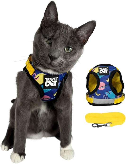 Travel Cat Harness and Leash Set - Adjustable Fit Harness and Reflective Strap - Comfort Walking Vest for Kitten for Outdoor Walking, Hiking (Small, 90s Cat)