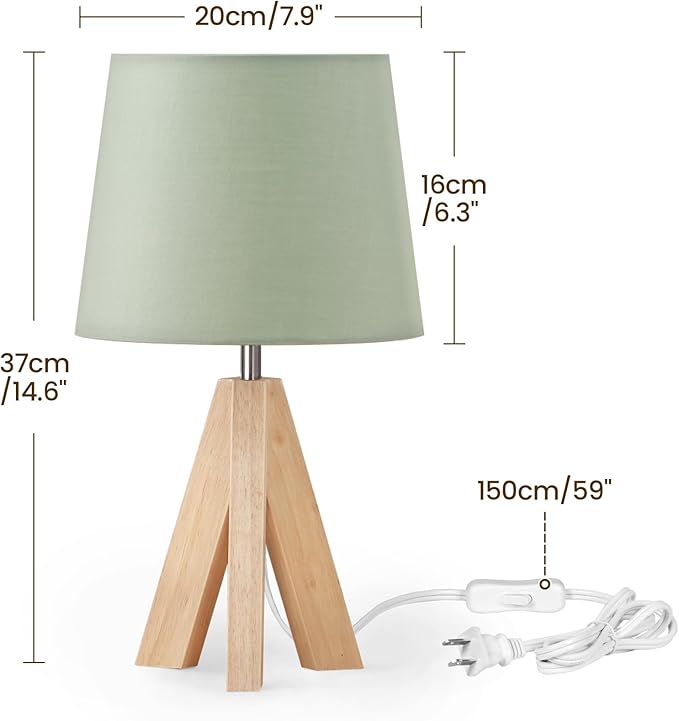 Tripod Table Lamp, Small Bedside Lamp with Wood Base & Green Fabric Shade, Little Cute Desk Lamp, Modern Nightstand Lamp for Bedroom, Kids Room, Living Room, Office, Corner, Green J51TL05