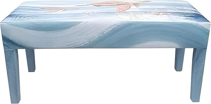 Indoor Bench Coastal Decor Wood Bench Entryway, Bedroom, Bathroom, Living Room, Sun Room Beach Theme Faux Leather Top (Turtle Waves)