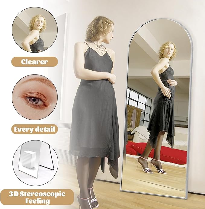 BEAUTYPEAK 65"x24" Arch Full Body Floor Mirror, Full Length Mirror Hanging or Leaning Arched-Top, Wall Mirrors with Stand for Bedroom, Dressing Room, Silver