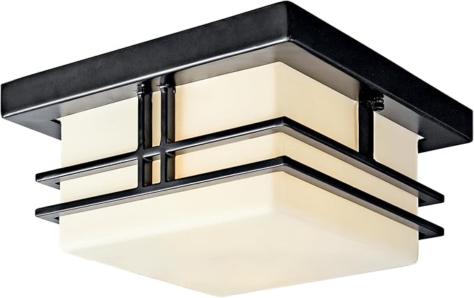 Kichler Tremillo 11.5" Outdoor Semi Flush Light in Black, 2-Light Exterior Ceiling Light with Satin Etched Cased Opal Glass, (11.5" W x 6.5" H), 49206BK