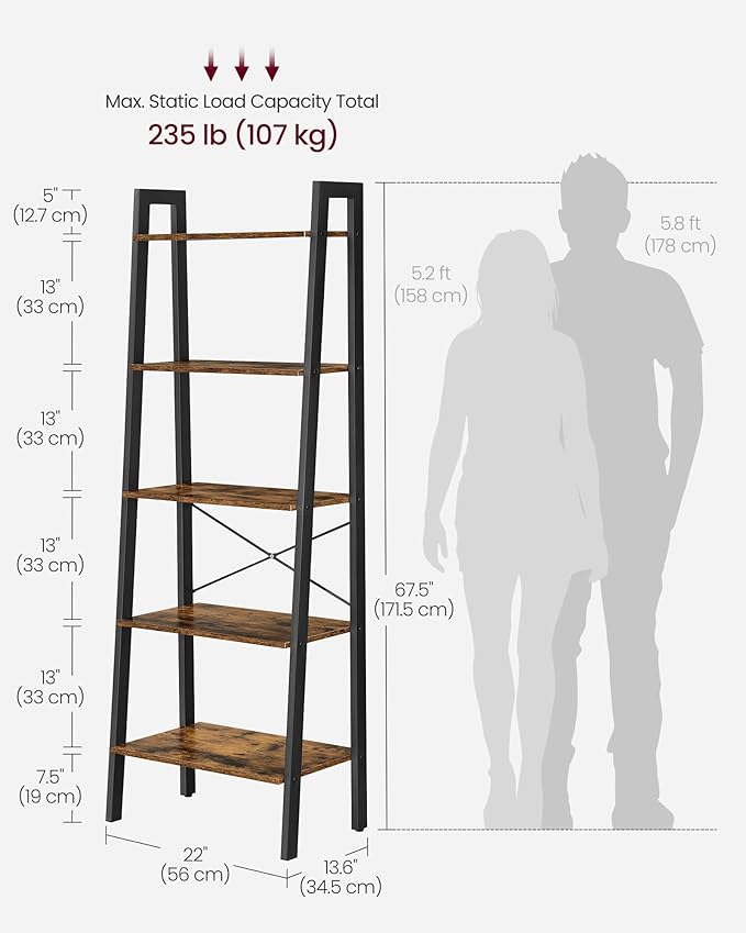 VASAGLE Ladder Shelf, 5-Tier Bookshelf, Storage Rack, Bookcase with Steel Frame, for Living Room, Home Office, Kitchen, Bedroom, Industrial Style, Rustic Brown and Ink Black ULLS45X